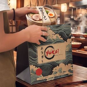 Custom Made Eco-Friendly Disposable Brown Kraft Paper Takeout Bag Your Own Logo for Restaurant <b>Japanese</b> Food Packaging - Product Image 1