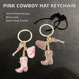 モゴ ヴィンテージ ウェスタン デニムスタイル ピンク カウボーイハット バッグキーホルダー メタル合金 スイートクール ガンペンダント AirPodsデコレーションチャーム - Product Image 2