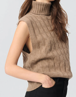 Gilet sans manches en laine et cachemire pour femme, col roulé, tricot torsadé, brodé sur mesure