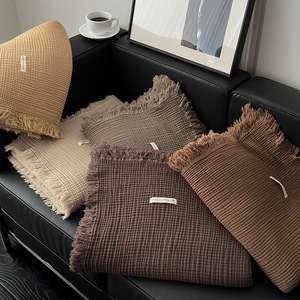 <span class=keywords><strong>Plaid</strong></span> beige 4 couches 100 % coton, motif gaufré, avec pompons, pour canapé et lit, toutes saisons, décoration intérieure neutre, moderne et confortable, vente en gros - Product Image 2