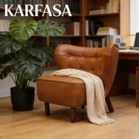 Fauteuil de détente moderne en cuir véritable fait à la main avec pieds en bois pour appartements, salons, chambres et hôtels