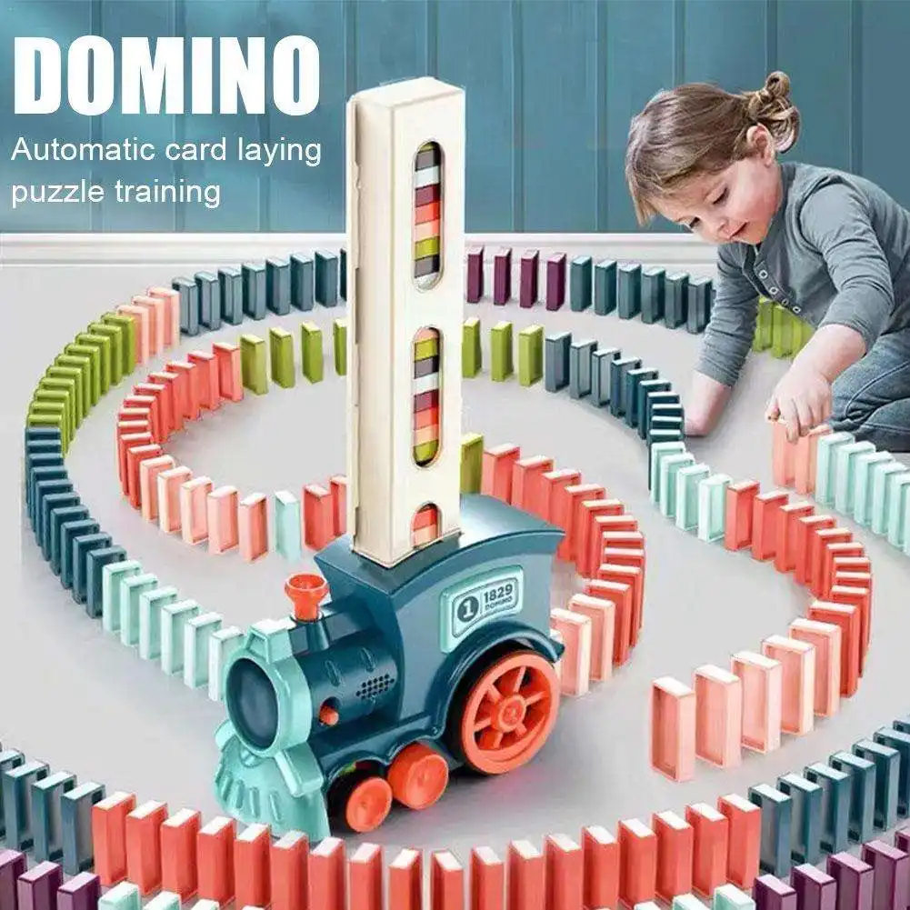 Set Domino elektrik kereta api Domino anak, mainan edukasi anak Diy blok bata otomatis