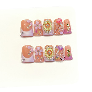 <span class=keywords><strong>Uñas</strong></span> Postizas con Diseño de Flores 3D, Estilo Dulce, Degradado <span class=keywords><strong>Rosa</strong></span> Melocotón, Decoradas con Diamantes, para un Look Femenino y Bonito - Product Image 2