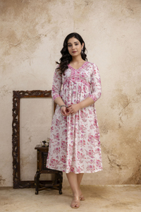 Vestido Midi Blanco y Rosa para Mujer, Diseño de Diseñador, con Cuello en V, Botones de Encaje, Mangas y Detalle de Ribete, Elegante, Casual y a la Moda - Product Image 6