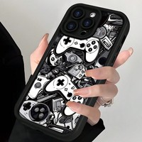 Coque en TPU à thème console de jeu noir et blanc pour iPhone 17 Air 16 15 14 Plus 13 12 18 Pro/Pro Max avec design à bords étagés