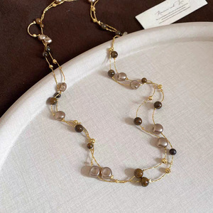 Tiger Eye Stone Stacking <b>Necklace</b> For Women <b>Long</b> Sweater Chain Multi Layer Pearl Shell Design Daily Wear Fashion Jewelry - Product Image 4