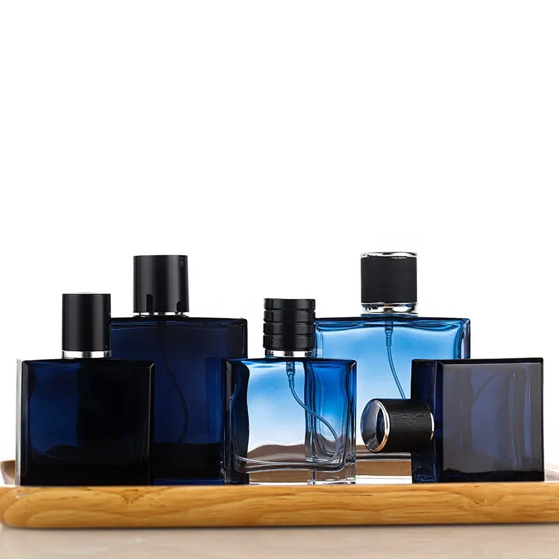 Garrafa spray de perfume retangular masculina, garrafa azul escuro de 50ml/100ml
