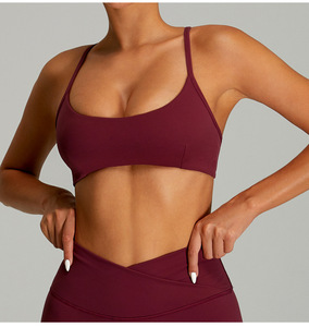 Wholesale Women's Adjustable Cross Back Sports <b>Bra</b> U-Neck <b>Thin</b> <b>Strap</b> Yoga Crop Top Padded Medium Impact Workout Activewear - Product Image 1