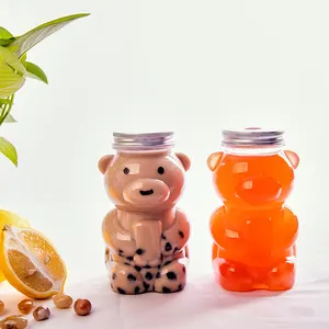 Envasado de jugo de plástico personalizado de 500ml, botella de té de leche para mascotas de plástico con forma de oso, botella de bebida de jugo desechable con tapa