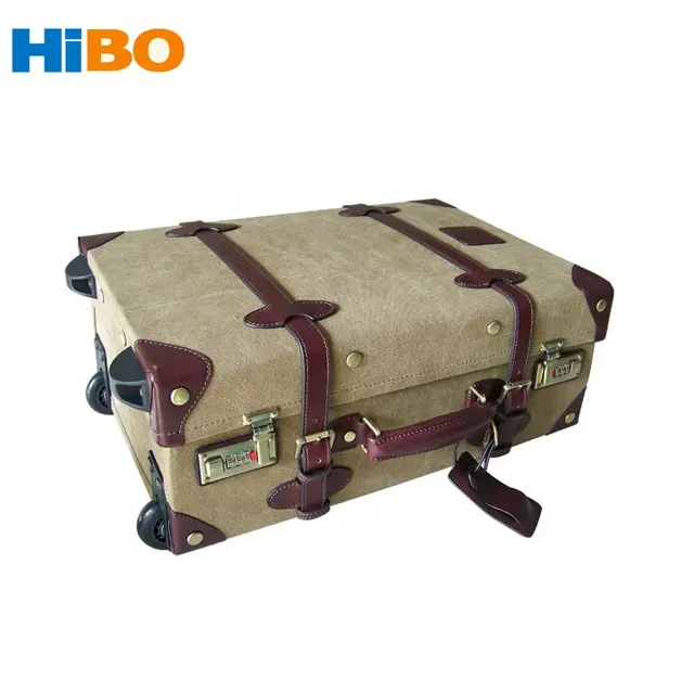 Hibo Custom Vintage Bagage Trolley Case Unisex Canvas En Leer Met Slot Spinner Wiel Metallic Caster Voor Reizen