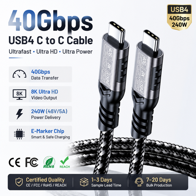 High-Speed 40Gbps Thunderbolt 4 Type-C Data Cable 8K Video Compatible Nylon Jacket 5A Fast Charging USB4 Braided Camera