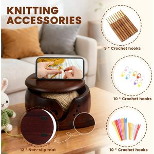 Cuenco de madera para hilo de 7.1x3.9 pulgadas, soporte grande para hilo de ganchillo con orificios para tejer y manualidades - Product Image 4