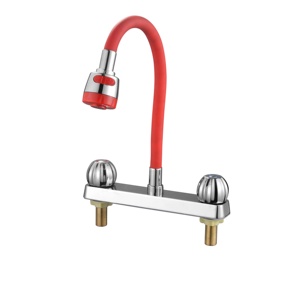 Robinet <span class=keywords><strong>mitigeur</strong></span> <span class=keywords><strong>eau</strong></span> chaude et froide 8 pouces en plastique à double poignée, à double trou, à montage sur comptoir, avec cartouche céramique, rouge, économiseur sanitaire - Product Image 1