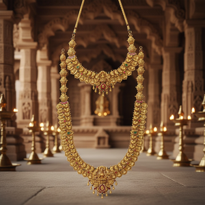 22K Solid Gold Temple Necklace <b>Set</b> | Traditional <b>Indian</b> Bridal <b>Jewellery</b> | Antique Finish Handcrafted Gold Haram - Product Image 2