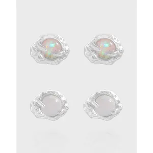 Yanen Original Design 925 Sterling Silver Round Gemstone Bead Earrings Irregular Geometric Opal Agate Fine Fashion Jewelry