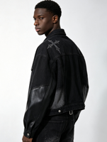 Veste en jean noire personnalisée pour homme avec broderie croisée, manches en cuir PU, effet usé, fabrication OEM
