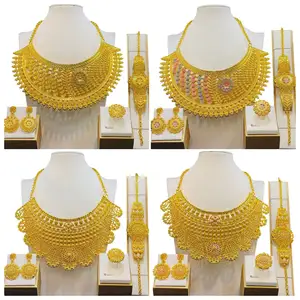 New Middle East 24k Gold Planted Wedding Jewelry Set India Women's Necklace Ring Earrings Bracelet Four Set India Bridal Jewelry