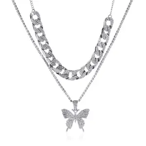 DAIHE 2024 verano nuevo collar de mariposa cubano de doble capa con personalidad exagerada y cadena de diamantes completa