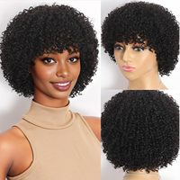 Perruque Bob Courte Bouclée Jerry avec Frange, Densité 180%, Sans Colle, Sans Dentelle, Cheveux Brésiliens, Dentelle Transparente, Faite à la Machine