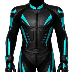 Women Leather Motorcycle Racing Suit Black Teal Color Blocked Full Sleeve One Piece <b>Bodysuit</b> - Product Image 6
