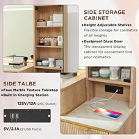 Grand miroir éclairé de bureau de maquillage de vanité moderne et coiffeuse de lumières avec 5 tiroirs et étagères, dessus en verre pour chambre à coucher, chêne
