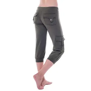 Calças elásticas de cintura alta cor sólida feminino Casual Slim Fit com botão bolso multi perna larga Capris