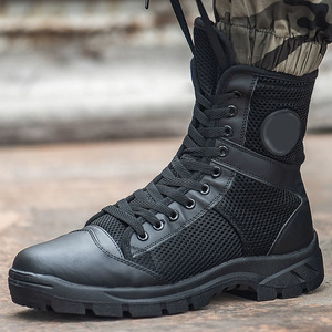 Bottes tactiques montantes en maille et cuir patchwork respirantes antidérapantes pour l'entraînement en extérieur à talon bas couleur unie - Product Image 2