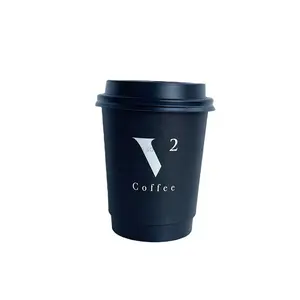 Custom 12 Oz Wit Logo Gedrukt Zwart Dubbele Muur Koffie Papier Cup Met Deksel Voor Platte Witte Matcha Thee Latte Chai Warme Chocolademelk