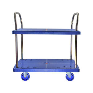 รถเข็นแพลตฟอร์ม PP 2 ชั้น ล้อ TPR สีน้ำเงินเงียบสำหรับงานอุตสาหกรรม ขนาดใหญ่ 65*110 ซม. รับน้ำหนักได้ 500 กก. สำหรับขนย้ายสินค้า - Product Image 1