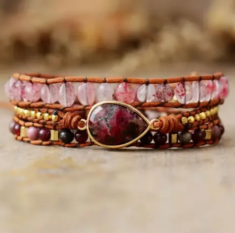 Rhodonite Crystals Healing Stones Bangles Custom Charms Bracelets Women Leather Bracelet for Men