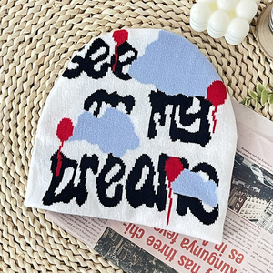 หมวกบีนนี่ผ้าแจ็คการ์ดถักโลโก้คุณภาพสูงมองเห็นความฝันของฉันในฤ<span class=keywords><strong>ดู</strong></span>หนาวทรงเสน่ห์กลางแจ้งแนวสตรีทสวมใส่ไร้กระดุมข้อมือสำหรับการเดินทาง - Product Image 4