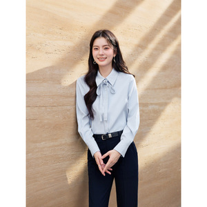 <b>White</b> Long Sleeve Blouse With Ribbon Tie Office Shirt Solid Color Polyester Women's Top - Product Image 2