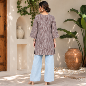 Brown Printed Kurti For Women V Neck Flared Sleeves Side Slit Ethnic <b>Tunic</b> Casual Daily Wear Stylish Indian Fashion Casual <b>Dress</b> - Product Image 5