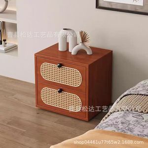 Mesita de noche de ratán estilo vintage, cómoda, unidad de pie de cama multifuncional de madera maciza, mueble de almacenamiento para el hogar - Product Image 5