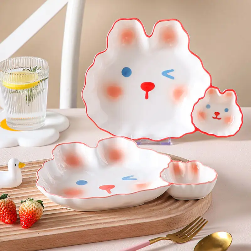 Nouveau design de lapin en céramique pour bébé vaisselle pour enfants petit-déjeuner créatif pour enfants assiettes fendues avec plat à sauce