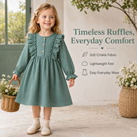 Robe en gaze de coton à volants pour filles, texture froissée, manches longues, boutons en bois, couleurs pastel lavande et vert forêt, vente en gros