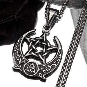 Collar con Colgante de Pentagrama y Nudo de Bruja, Triple Luna, Diosa, para Mujeres y Hombres, Acero Inoxidable, Estilo Retro, Wicca, Luna Creciente, Cadena, Joyería - Product Image 1