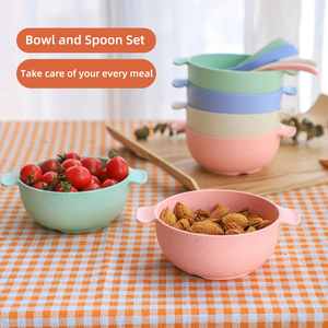 Bol pour enfants en paille de blé avec cuillère, double poignée, anti-brûlure, incassable, pour bébé, soupe et nouilles, vente en gros - Product Image 3