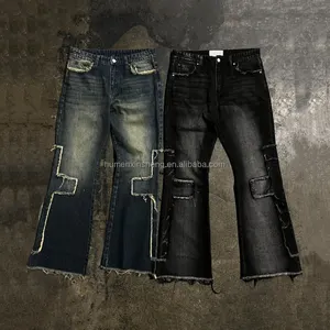 High quality custom man distressed vintage wash applique embroidery flared jeans trouser denim mens pants