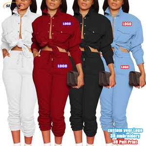 Toptan sonbahar moda düz eşofman kıyafetler 2 parça özel nakış Logo Jogger spor artı boyutu düğmeleri kadin setleri - Product Image 1