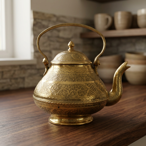 Oriental Metal Tea Kettle With <b>Lid</b> And Handle Decorative Gold Finish Water <b>Pot</b> - Product Image 5
