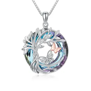 Circle Colorful Crystal Hollow Out Tree Of Life Crystal Set 925 Silver Stone Necklace To Women Girls Gift