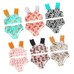 2023 Boutique Baby Girls Swimwear Cute Style Dot Heart Print Wrinkle Shoulder Strap Kids Girls Bikini Sets