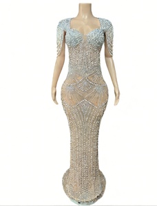Robe de soirée formelle pour femmes, ornée de perles et de strass, dos nu en maille transparente, tendance - Product Image 1