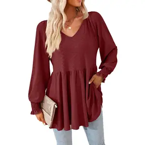 Fashion Women'S T-Shirt 2024 Autumn/Winter Solid Color T-Shirt Spliced V-Neck Jacquard Long Sleeve Loose Fitting T-Shirt