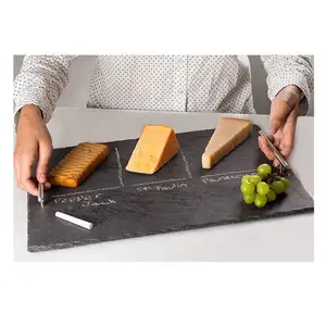 Planche à fromage en ardoise naturelle, avec poignées en acier inoxydable, napperon plat rectangulaire en pierre naturelle