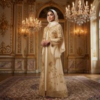 Abaya de luxe style Dubaï, ornée de perles, col rond, taille haute, grande jupe évasée, robe de soirée formelle modeste pour les fêtes de l'Aïd du Moyen-Orient