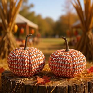 Set di 2 ornamenti a forma di zucca in tessuto arancione 10,2x10,2x9,5 per decorazioni autunnali per il festival del raccolto e il Ringraziamento - Product Image 2