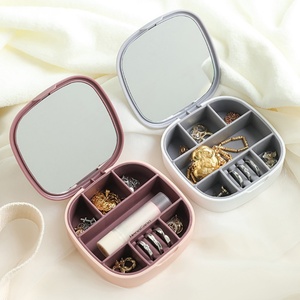Portable <b>Mini</b> Plastic Travel Jewelry <b>Box</b> Mirror Flip-Top Modern Round Solid Color Ring Necklace Jewelry Organizer <b>Storage</b> <b>Box</b> - Product Image 2