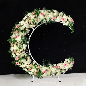 유행 알루미늄 달 모양 메쉬 꽃 아치 배경 결혼식 파티 꽃 장식 꽃과 결혼식 달 배경